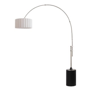 1980s Tambo Scallop Floor Lamp - Mid Century Modern, Black Oak Wood Base, Satin Nickel Body, White Drum Shade For Sale
