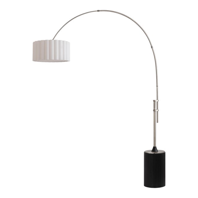 1980s Tambo Scallop Floor Lamp - Mid Century Modern, Black Oak Wood Base, Satin Nickel Body, White Drum Shade For Sale