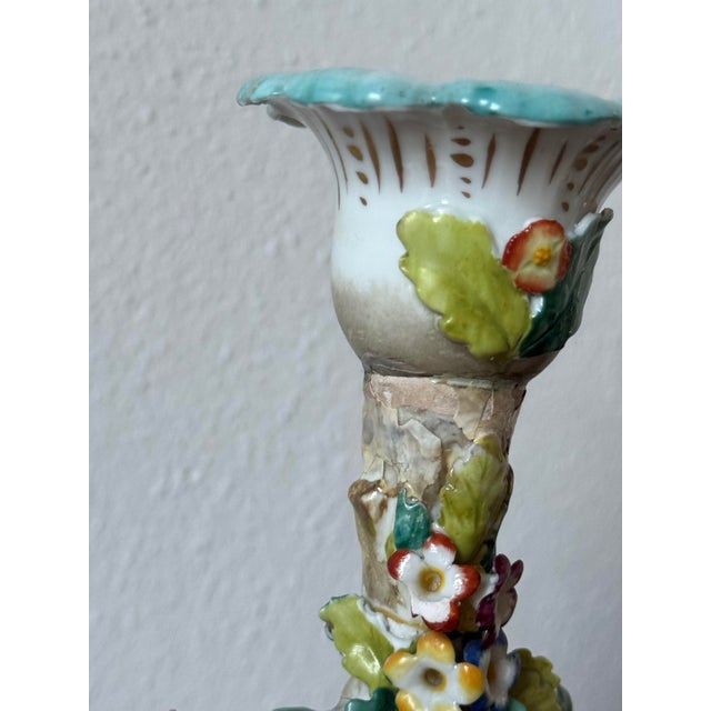 Dresden Porcelain Antique German Brocage 18th Century Floral Pastoral Porcelain Seated Musician Candelabra Pair by Hoechst (Hochst) For Sale - Image 4 of 12