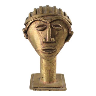 Vintage Ghanaian Brass Mask Head on Pedestal For Sale