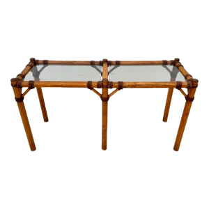 Mid-Century French Bamboo Rattan Glass Top Console Table