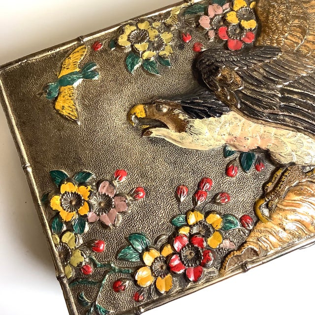 Stunning Japan Ornate Eagle Cast Metal Trinket Box w/Hinged Lid Colored Repousse. Shows some minor wear, but what a...