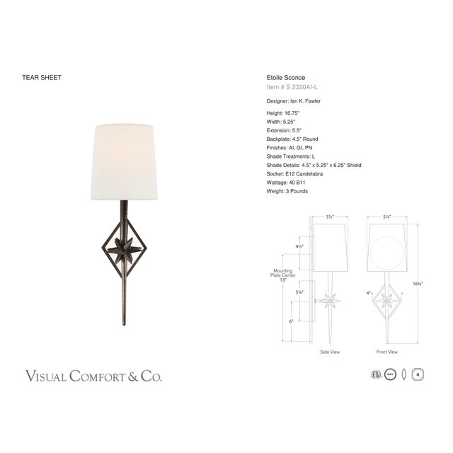Transitional Ian K. Fowler for Visual Comfort Signature Etoile Sconce in Aged Iron with Linen Shade For Sale - Image 3 of 5