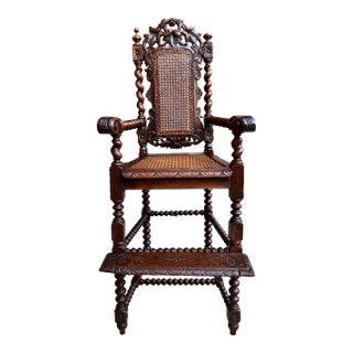 Antique French Child High Chair Renaissance Barley Twist Carved Oak Caned C1890 For Sale