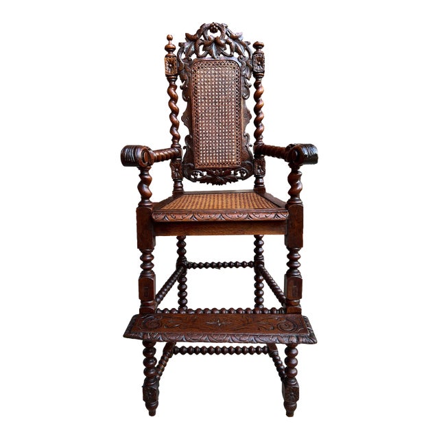 Antique French Child High Chair Renaissance Barley Twist Carved Oak Caned C1890 For Sale