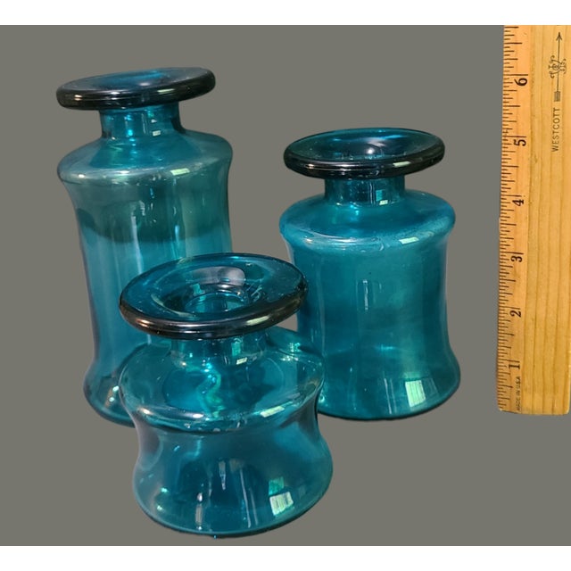 Vintage Dansk Designs France Graduated Height Blue Candle Holders Vases Marked - Set of Three For Sale - Image 6 of 10