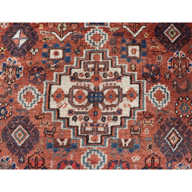 Antique Persian Shiraz Rug Tri-Medallion Geometrics in Rusty Orange and Blue** For Sale - Image 10 of 14
