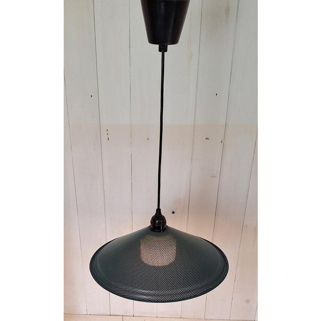 1980s Vintage Pendant Lamp with Perforated Green Metal Shade and White Glass Undershade, 1980s For Sale - Image 5 of 6