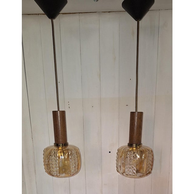 Vintage Ceiling Lamps with Tinted Relief Glass Shades on Oak Mounts, 1970s, Set of 2, in Very Good conditions. Designed...