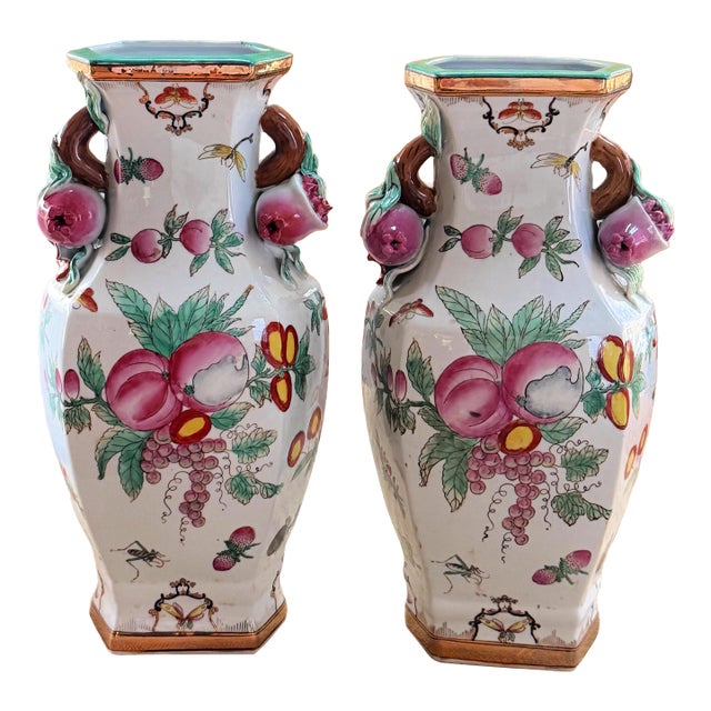 Pair of Famille Rose Vases Pomegranate Handles For Sale
