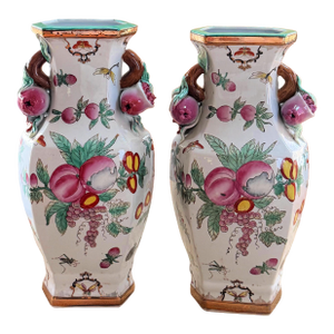Pair of Famille Rose Vases Pomegranate Handles
