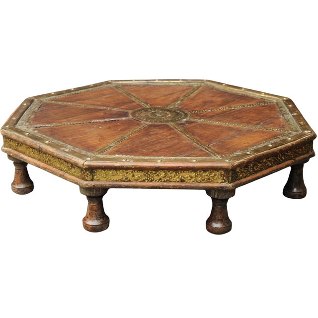 Antique Octagonal Low Hardwood Eastern Table with Decorative Brass Trims, 1890s For Sale - Image 3 of 12