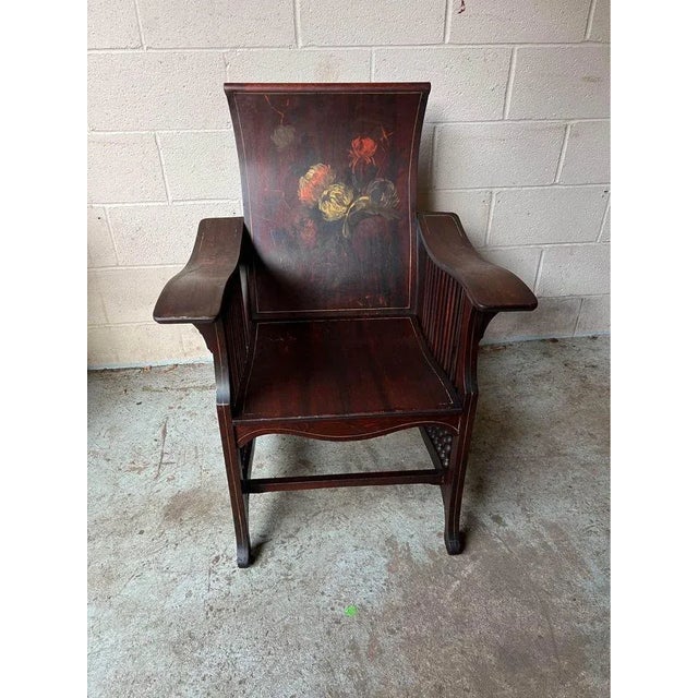 Early 20th Century Antique American Empire Style Bentwood & Spindle Floral Hand Painted Back Library Armchair For Sale - Image 5 of 18