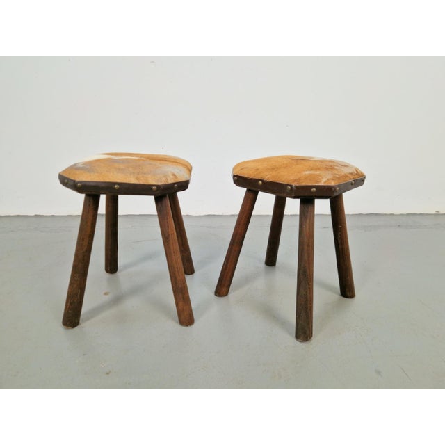 Set of 2 vintage stools with cowhide milk stools from the 1950s Wooden stool with plant table from the mid-century...