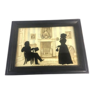 19thc Verre Eglomise Large Silhouette Family Portrait W/ Detailed Background For Sale