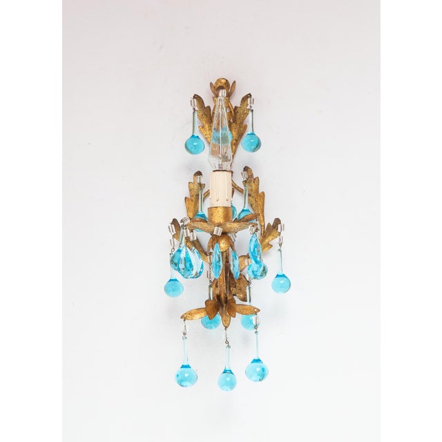 Italian Gilt Iron Wall Sconce with Turquoise Crystals, 1960s For Sale - Image 6 of 6