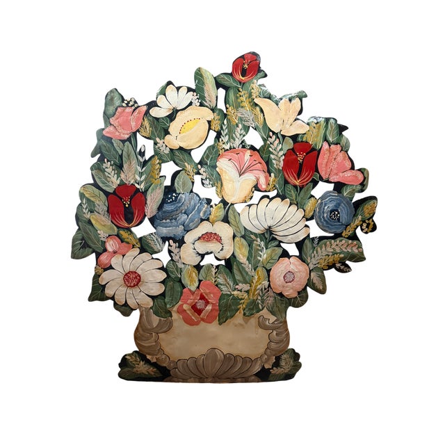 Shabby Chic Vintage Folk Art Hand-Painted Tole Floral Fireplace Screen For Sale - Image 3 of 13