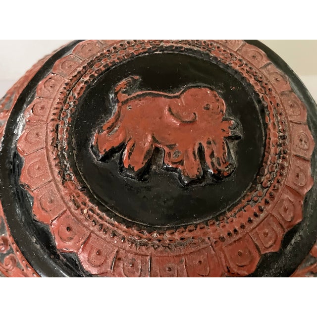 Late 19th Century Antique Burmese Lacquer Lidded Jar, Elephant, Red & Black, 5 1/2” X 4 1/2” T For Sale - Image 5 of 12