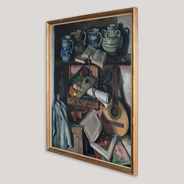 Alberto Muñoz Boquera, Still Life with Guitar and Books, 1950s, Oil on Canvas For Sale - Image 4 of 13