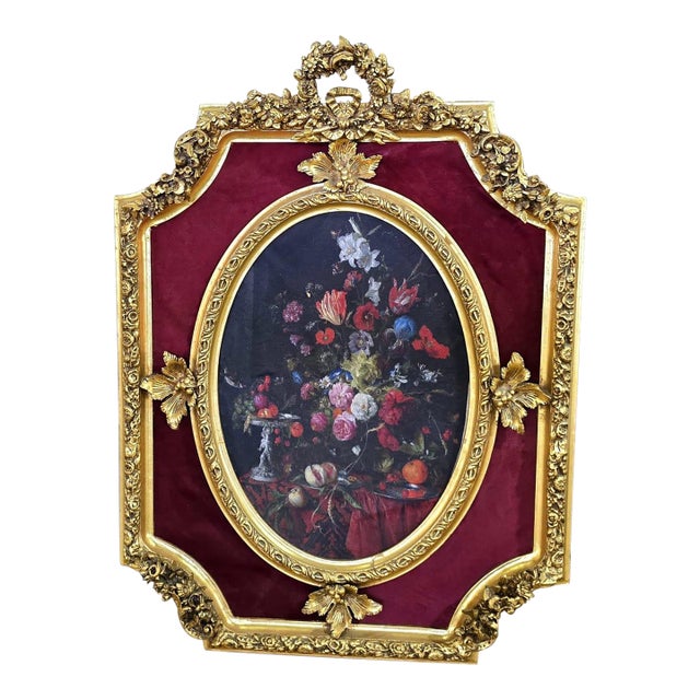French Rococo Floral Still Life Wall Art – Burgundy Velvet & Gold Leaf Ornate Frame For Sale