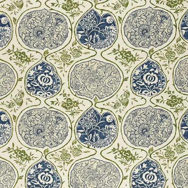 Sample - Schumacher Katsugi Fabric in Indigo & Green For Sale