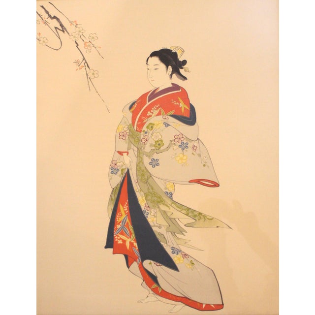Mid-20th century Japanese painting on silk of a woman. Depicts a lovely woman in beautiful floral flowing Kimono in...