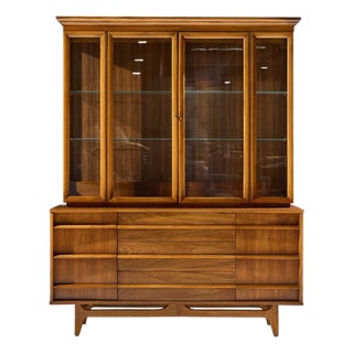 Young Manufacturing Mid Century Curved Walnut Credenza and Hutch For Sale
