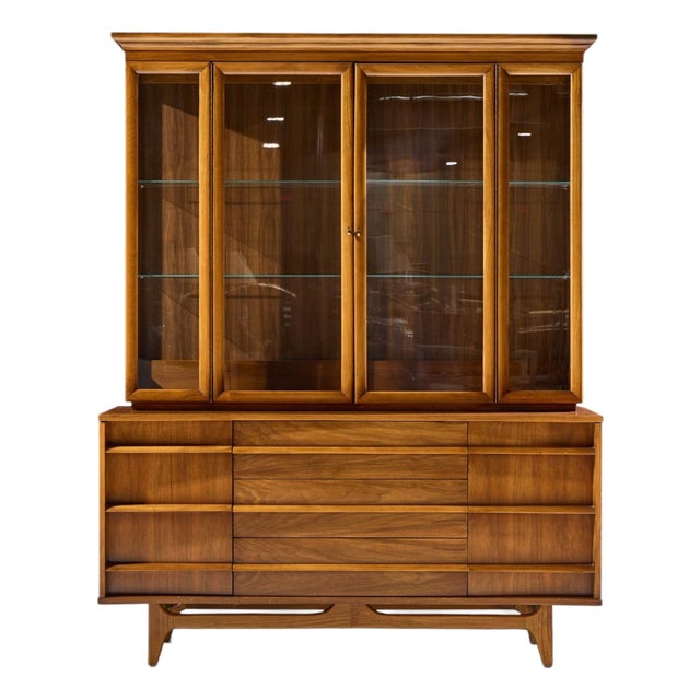 Young Manufacturing Mid Century Curved Walnut Credenza and Hutch For Sale