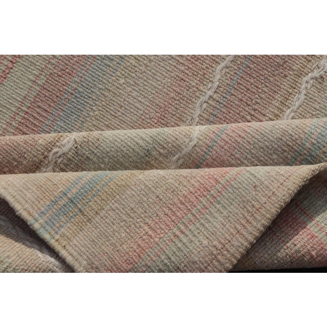 Vintage Turkish Kilim Rug With Soft Pastel Stripes in Sand, Sage, and Blue For Sale - Image 9 of 10