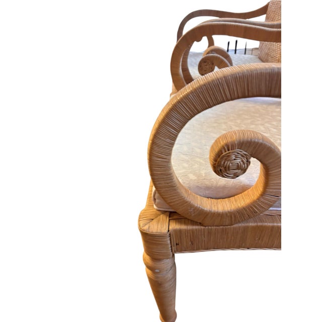 Late 20th Century Vintage Woven Rattan High-Back Armchairs With Scroll Arms, a Pair For Sale - Image 5 of 12