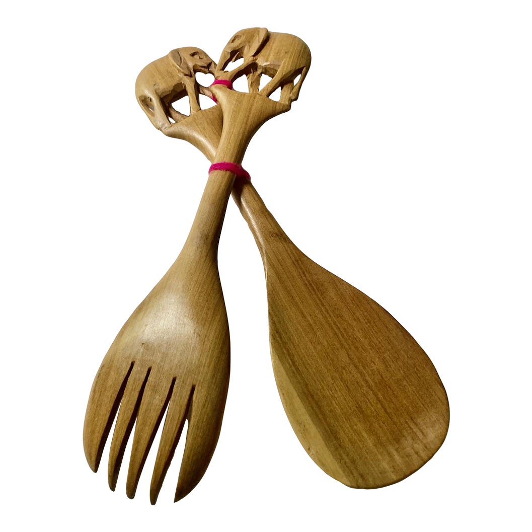 Vintage Set of 2 HandCarved Wooden Elephant Salad Servers Chairish