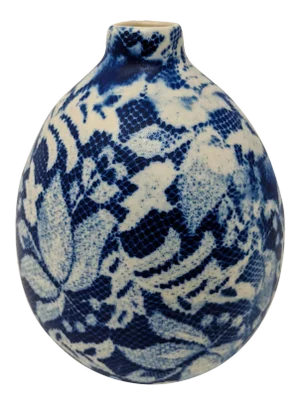 Boho, Coastal, and Chinoiserie Style Blue and Cream Hand Painted and Handmade Floral and Lace Ceramic Floral