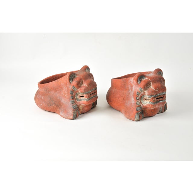 Vintage South American Folk Art Terracotta Jaguar Animal Planter Pair For Sale - Image 4 of 8