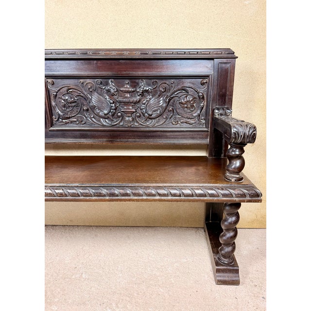 Spanish Carved Wood Bench With Barley Twist Legs, 20th Century For Sale - Image 11 of 16