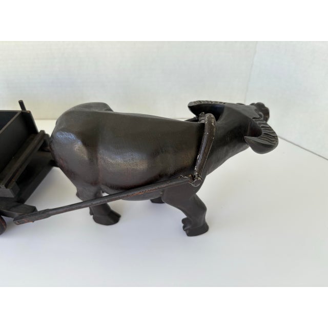 Vintage Hand-Carved Water Buffalo With Wooden Wagon Cart – Folk Art Sculpture For Sale - Image 4 of 11