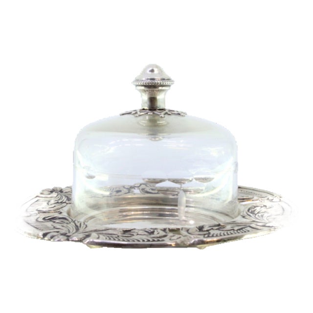 Butter Dish in Silver with Reliefs and Cutouts in Cut Glass For Sale