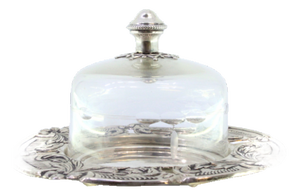 Butter Dish in Silver with Reliefs and Cutouts in Cut Glass