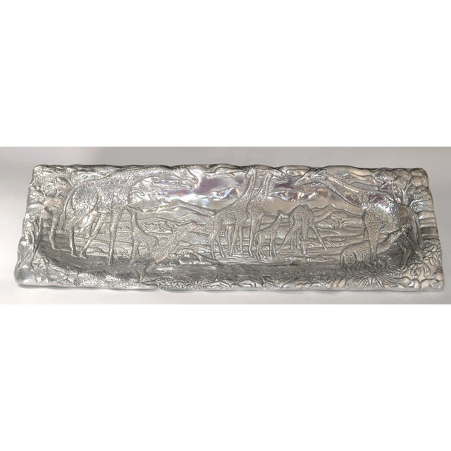 1990s Safari Giraffe Arthur Court Cast Aluminum Repousse Rectangle Serving Platter Tray For Sale - Image 12 of 12
