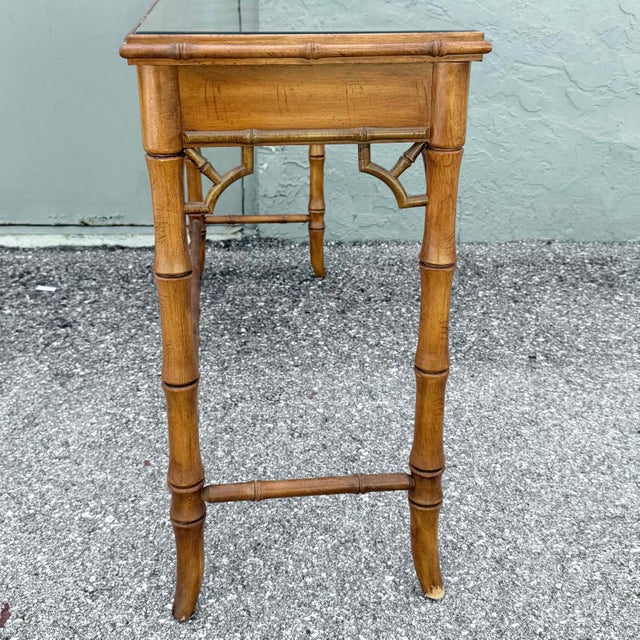 Boho Chic Chippendale Style Faux Bamboo Glass Top Console Table For Sale - Image 4 of 8