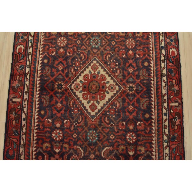 1970s Hamedan Runner 3’4” X 10′ Blue Wool Semi-Antique Tribal Hand-Knotted Rug For Sale - Image 5 of 14