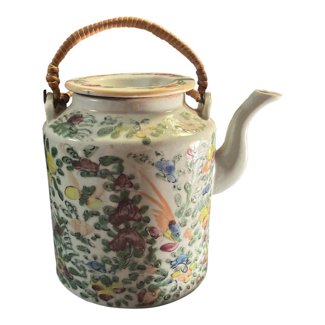 Antique Famille Rose Porcelain Tea Pot With Insulated Wicker Basket For Sale