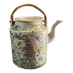 Antique Famille Rose Porcelain Tea Pot With Insulated Wicker Basket