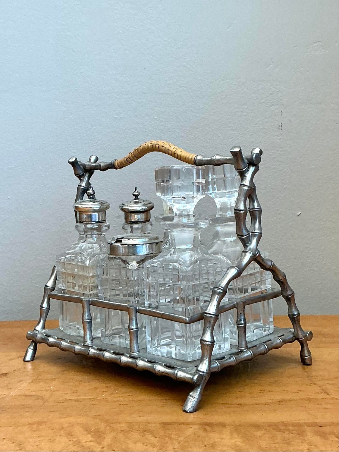 Vintage 19th Century Sheffield Bamboo Plate Cruet Set of 7 - Detail view