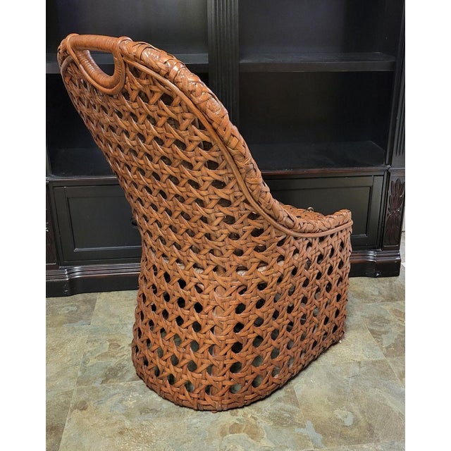 1970s Vintage Basketweave Rattan Accent Chair With Sculptural Handled Back For Sale - Image 5 of 7