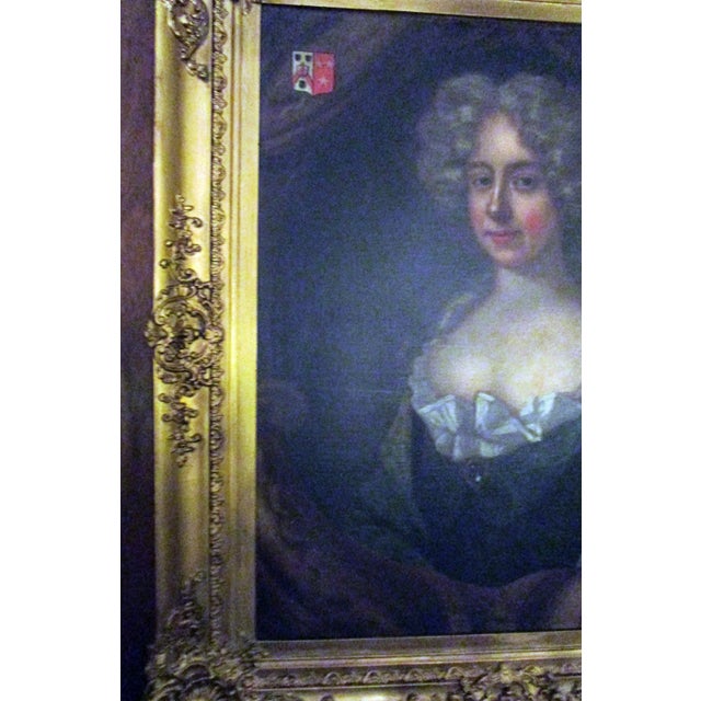 18th Century English Titled Lady with Coat of Arms Framed Oil Portrait Painting For Sale - Image 10 of 13