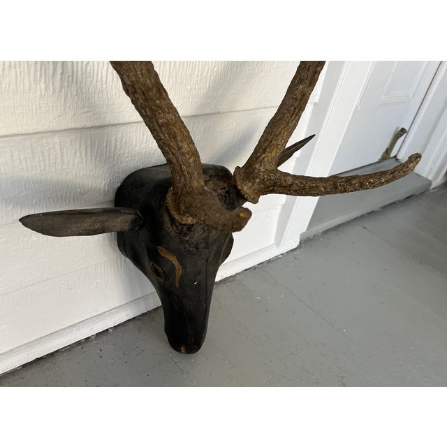 Wood Antique 19th Century Folk Art Carved Wood Black Forest Baroque Deer Head & Antlers Wall Trophy For Sale - Image 7 of 12