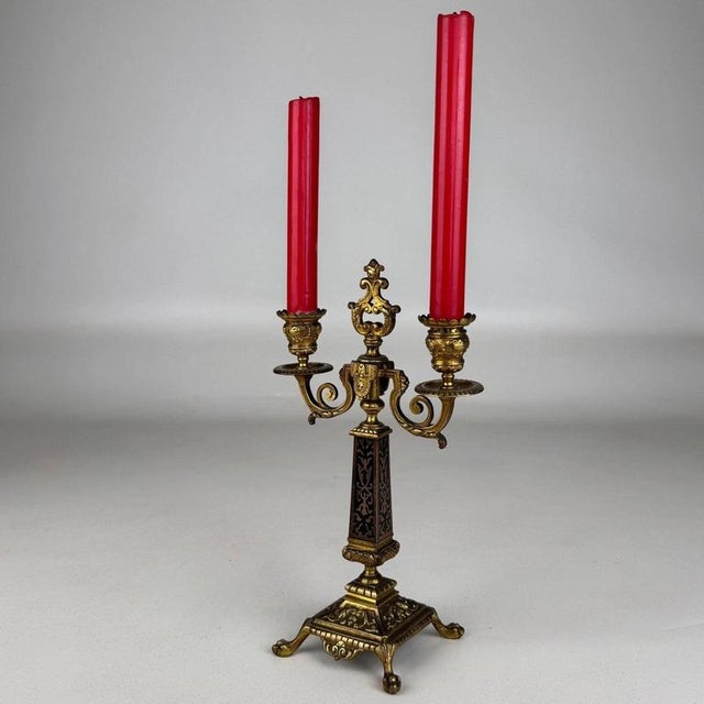 2000 - 2009 19th Century Antique French Brass and Ebony 2-Light Candelabras, Set of 2 For Sale - Image 5 of 10