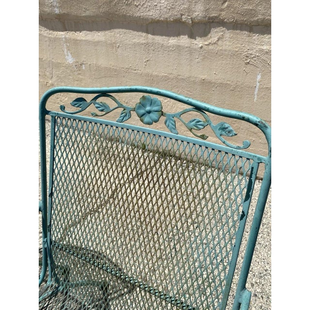 Vintage Woodard Style Wrought Iron Patio Dining Chairs & Round Pedestal Base Table, 5 Pieces For Sale - Image 9 of 12