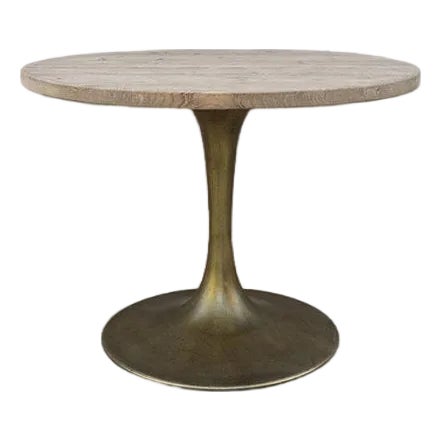 Reclaimed Pine 39″ Round Table on Brass Pedestal Base For Sale
