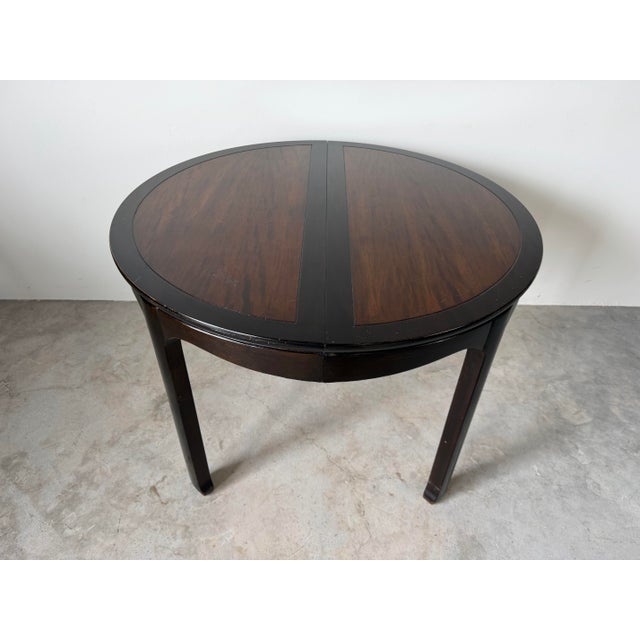 Hollywood Regency Vintage Asian-Style Black Lacquer Wood Round-to-Oval Extension Dining Table For Sale - Image 3 of 18